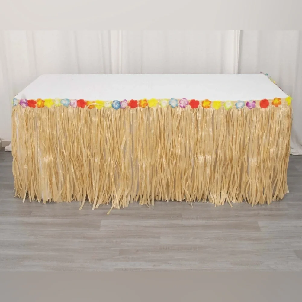 12”x25’ RAFFIA FRINGE GARLAND GRASS DECOR SKIRT W/ COLORFUL FLOWERS LUAU PARTY